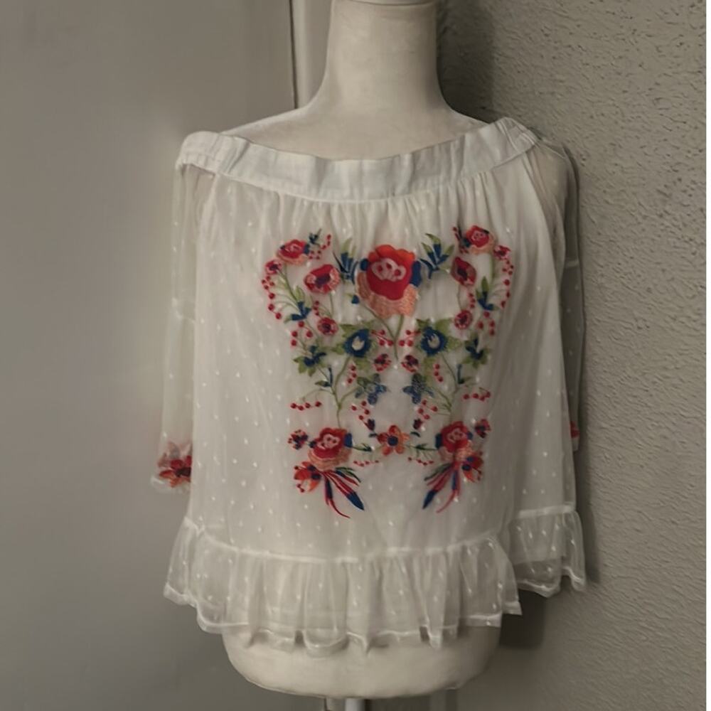 Umgee Boho Mesh Floral Embroidered Peasant Top S Festival Concert Indie Casual